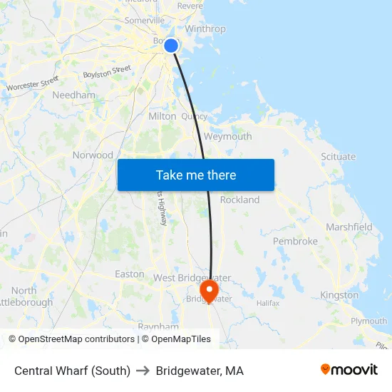 Central Wharf (South) to Bridgewater, MA map