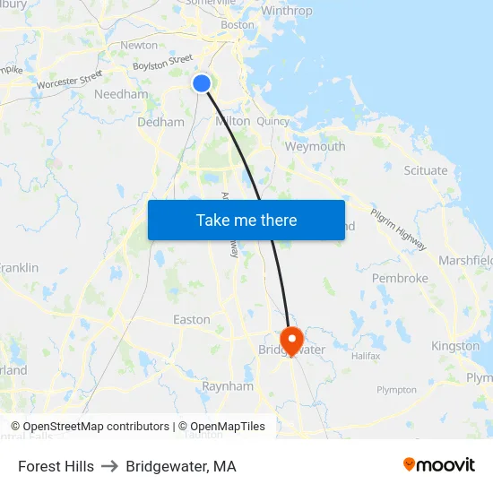 Forest Hills to Bridgewater, MA map