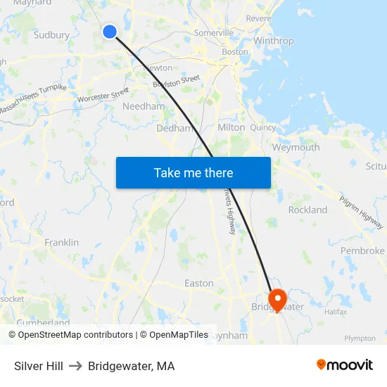 Silver Hill to Bridgewater, MA map