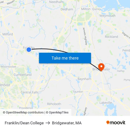 Franklin/Dean College to Bridgewater, MA map