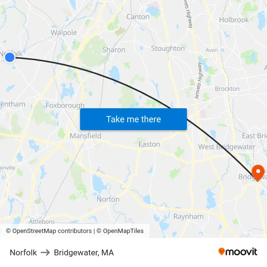 Norfolk to Bridgewater, MA map