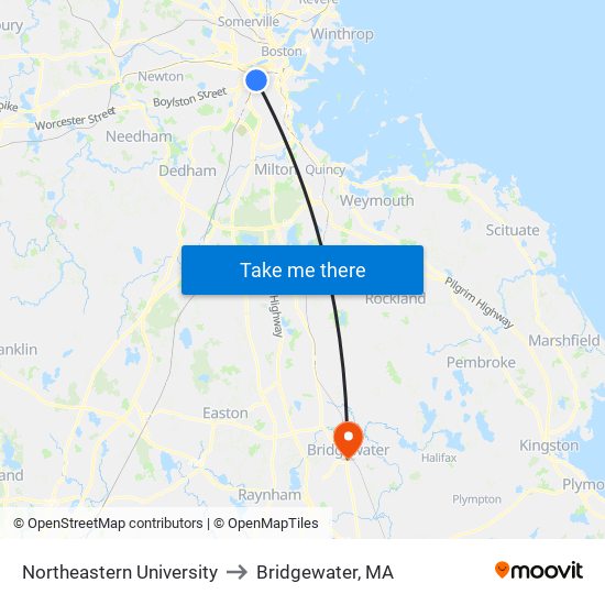 Northeastern University to Bridgewater, MA map