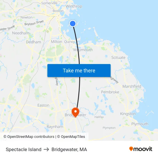 Spectacle Island to Bridgewater, MA map