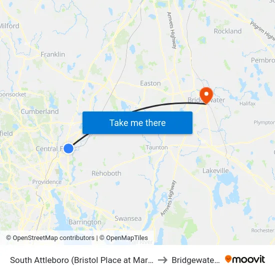 South Attleboro (Bristol Place at Market Basket) to Bridgewater, MA map