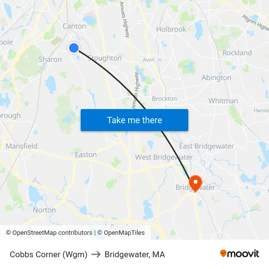 Cobbs Corner (Wgm) to Bridgewater, MA map