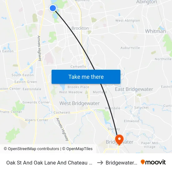 Oak St And Oak Lane And Chateau Westgate to Bridgewater, MA map