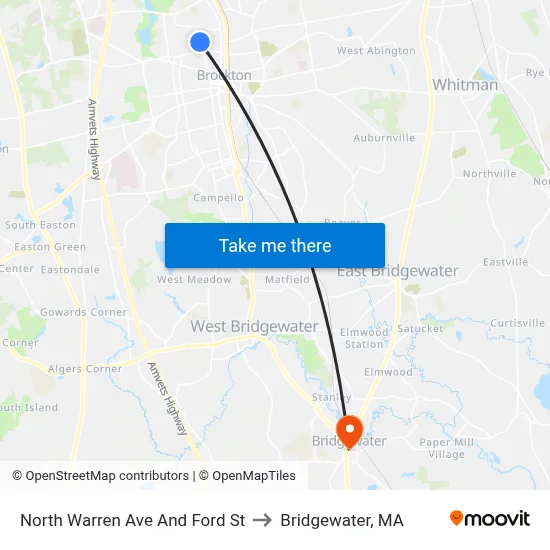 North Warren Ave And Ford St to Bridgewater, MA map