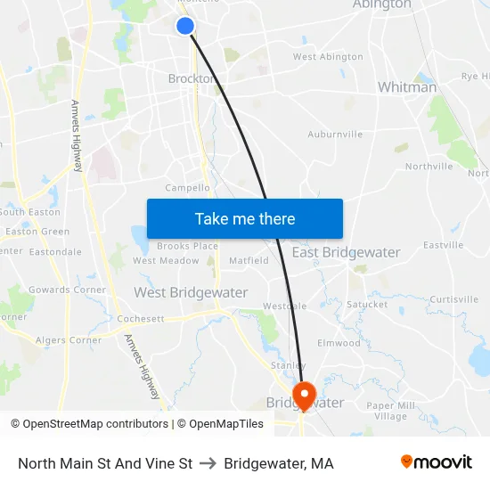 North Main St And Vine St to Bridgewater, MA map