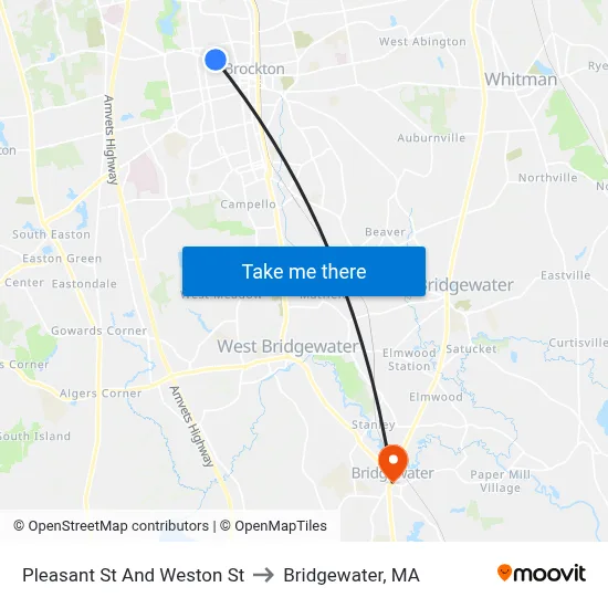 Pleasant St And Weston St to Bridgewater, MA map