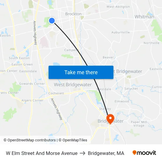 W Elm Street And Morse Avenue to Bridgewater, MA map