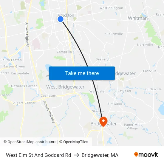 West Elm St And Goddard Rd to Bridgewater, MA map