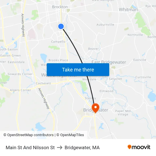 Main St And Nilsson St to Bridgewater, MA map