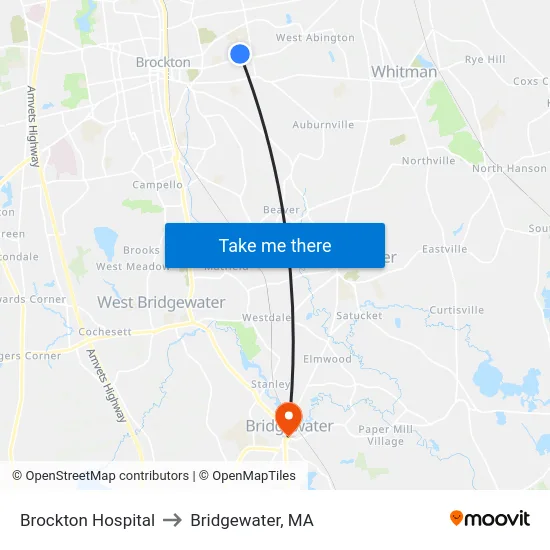 Brockton Hospital to Bridgewater, MA map