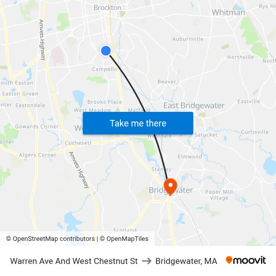 Warren Ave And West Chestnut St to Bridgewater, MA map