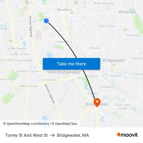Torrey St And West St to Bridgewater, MA map