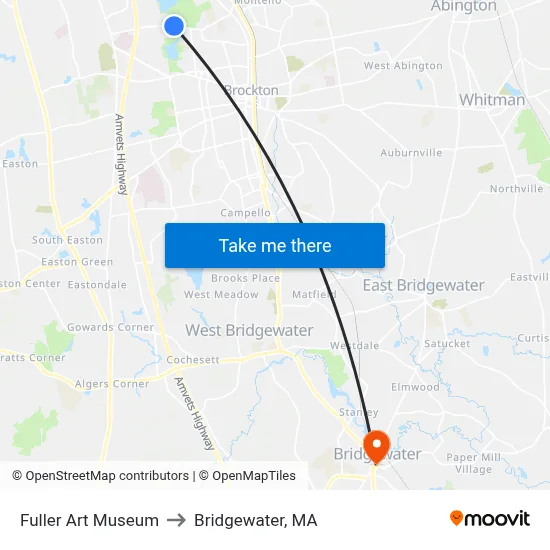 Fuller Art Museum to Bridgewater, MA map