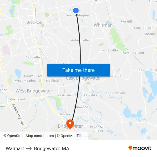 Walmart to Bridgewater, MA map