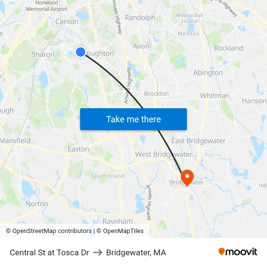 Central St at Tosca Dr to Bridgewater, MA map