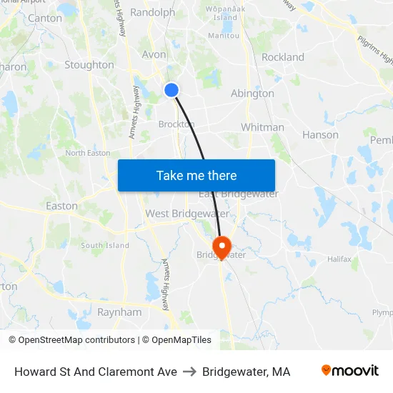 Howard St And Claremont Ave to Bridgewater, MA map