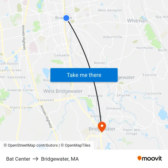 Bat Center to Bridgewater, MA map