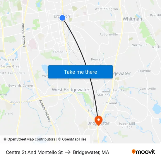 Centre St And Montello St to Bridgewater, MA map
