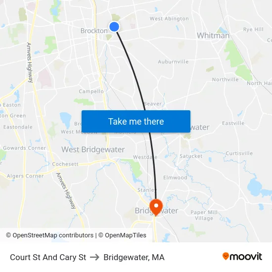 Court St And Cary St to Bridgewater, MA map