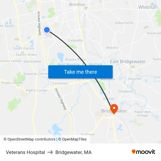 Veterans Hospital to Bridgewater, MA map