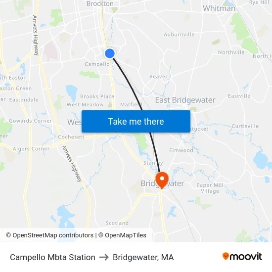 Campello Mbta Station to Bridgewater, MA map