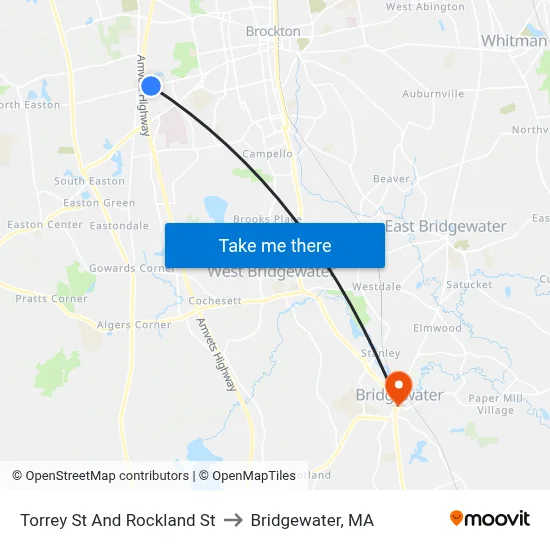 Torrey St And Rockland St to Bridgewater, MA map