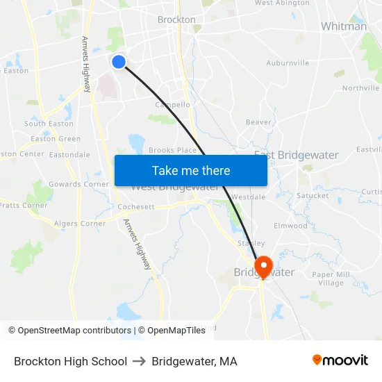 Brockton High School to Bridgewater, MA map