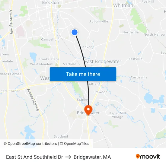 East St And Southfield Dr to Bridgewater, MA map