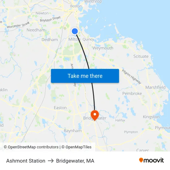 Ashmont Station to Bridgewater, MA map