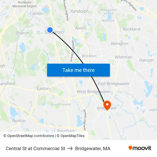 Central St at Commercial St to Bridgewater, MA map