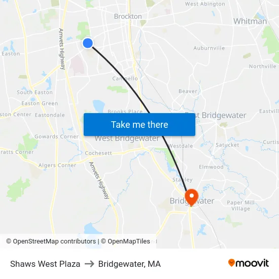 Shaws West Plaza to Bridgewater, MA map
