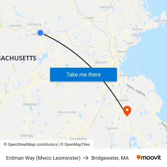 Erdman Way (Mwcc Leominster) to Bridgewater, MA map