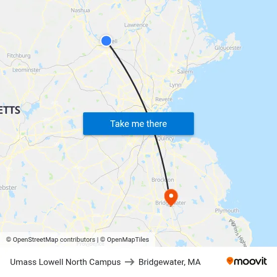 Umass Lowell North Campus to Bridgewater, MA map