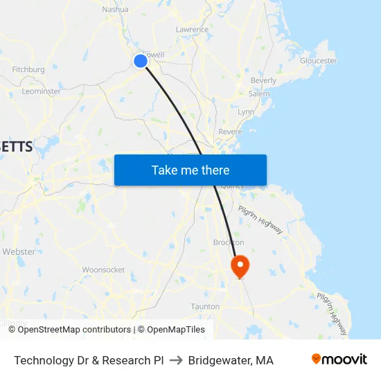 Technology Dr & Research Pl to Bridgewater, MA map