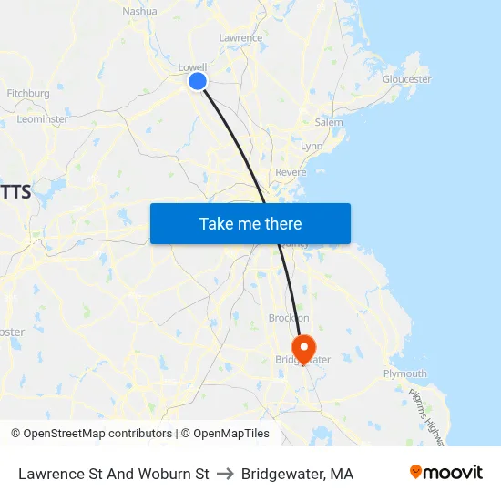 Lawrence St And Woburn St to Bridgewater, MA map