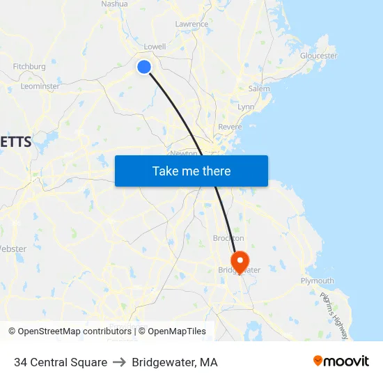 34 Central Square to Bridgewater, MA map