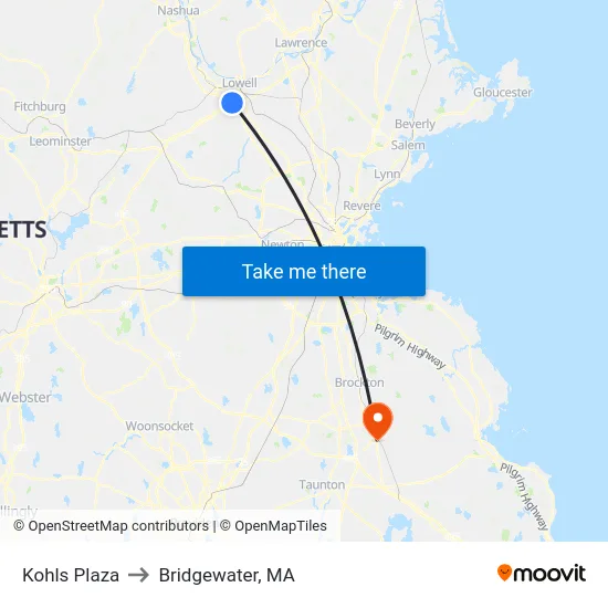 Kohls Plaza to Bridgewater, MA map