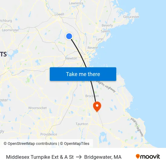 Middlesex Turnpike Ext & A St to Bridgewater, MA map