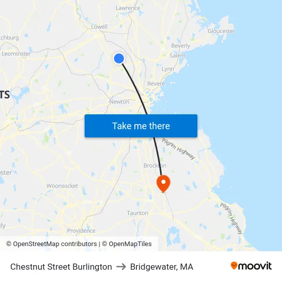 Chestnut Street Burlington to Bridgewater, MA map