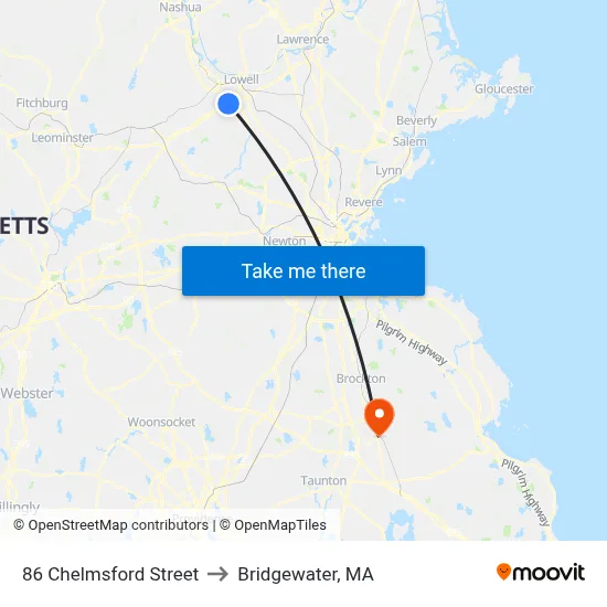 86 Chelmsford Street to Bridgewater, MA map