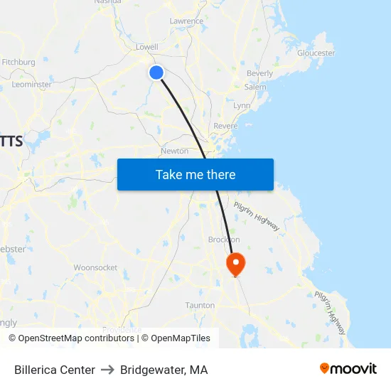 Billerica Center to Bridgewater, MA map