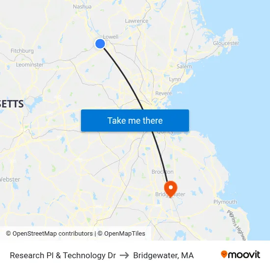 Research Pl & Technology Dr to Bridgewater, MA map