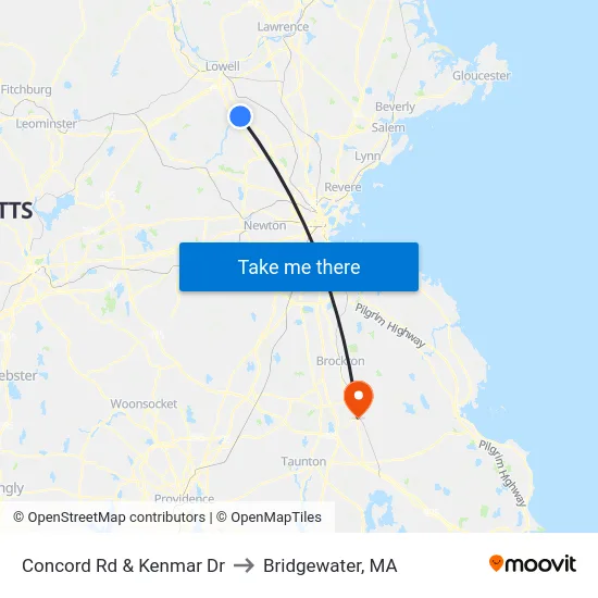 Concord Rd & Kenmar Dr to Bridgewater, MA map