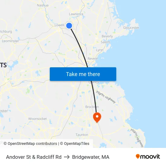 Andover St & Radcliff Rd to Bridgewater, MA map