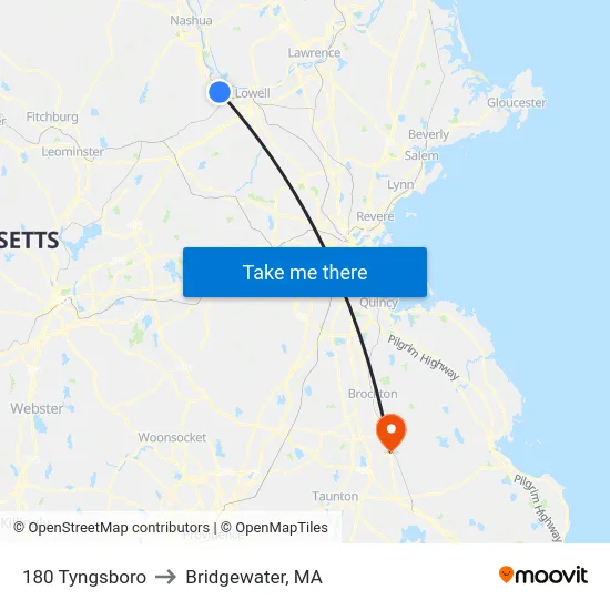180 Tyngsboro to Bridgewater, MA map