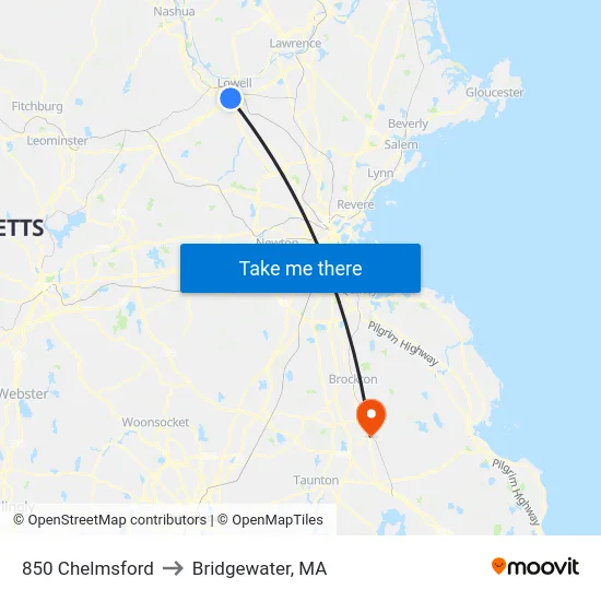 850 Chelmsford to Bridgewater, MA map