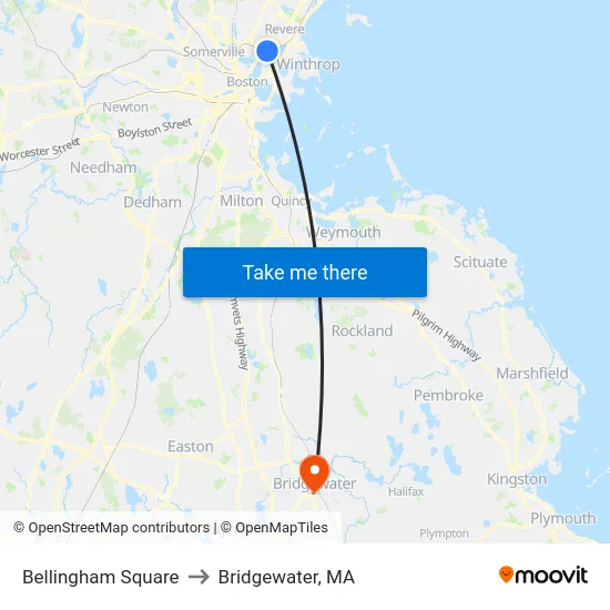 Bellingham Square to Bridgewater, MA map